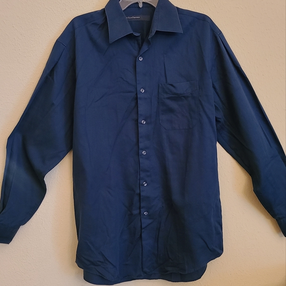 PERRY ELLIS PORTFOLIO Men's Blue Long‎ Sleeve 100% Cotton Dress Shirt-Size Large